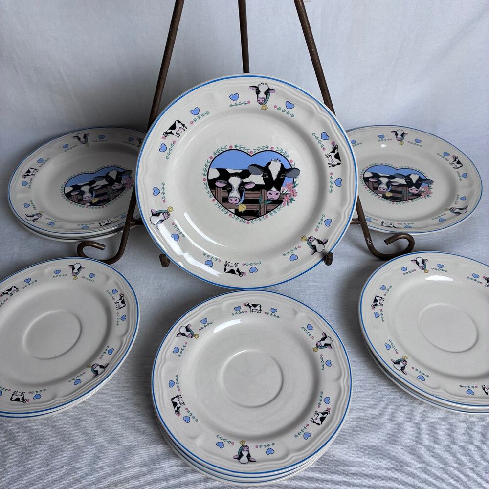 Tienshan Country Cows Blue Heart Salad Plates Saucers Set 11 Vintage Stoneware